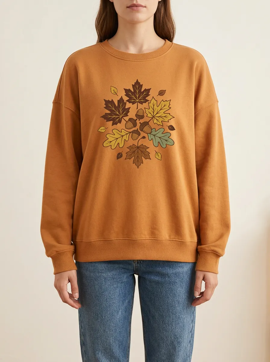 Textured Texture Maple-Leaf Printed Acorn Graphic Sweatshirt
