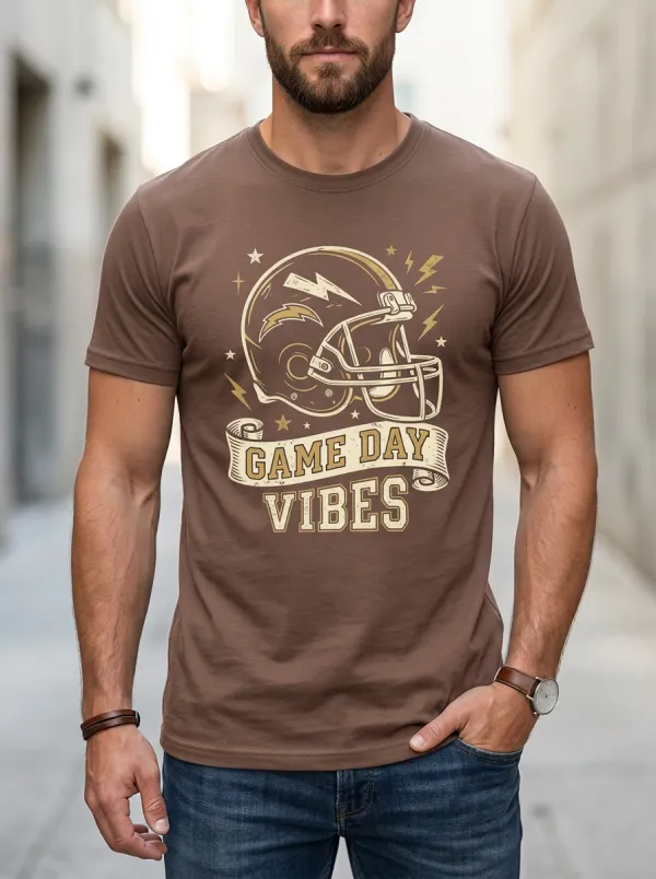 Men's Football Lover Game Day Vibes Helmet Printed T-Shirt
