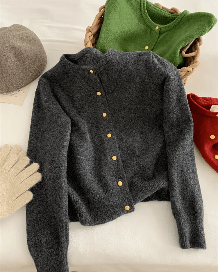 Classic Wool Button-Front Round-Neck Cardigan