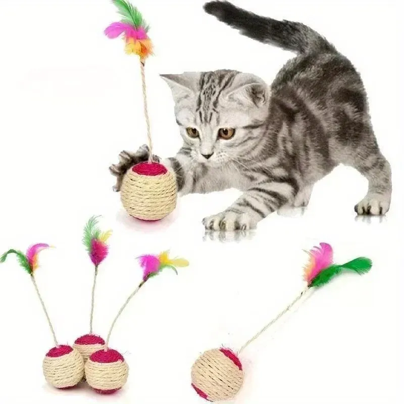 3 Pcs Feather Jute Ball Cat Toy