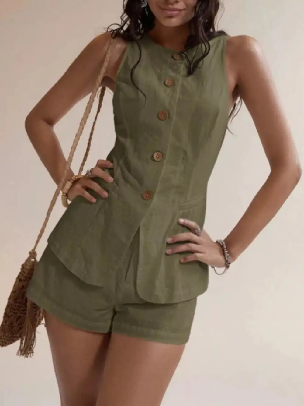 Button Down Sleeveless Top Shorts Set