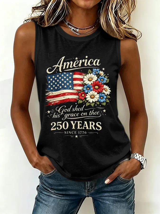 Women's America 250 Years Flag Floral  Printed Tank Top