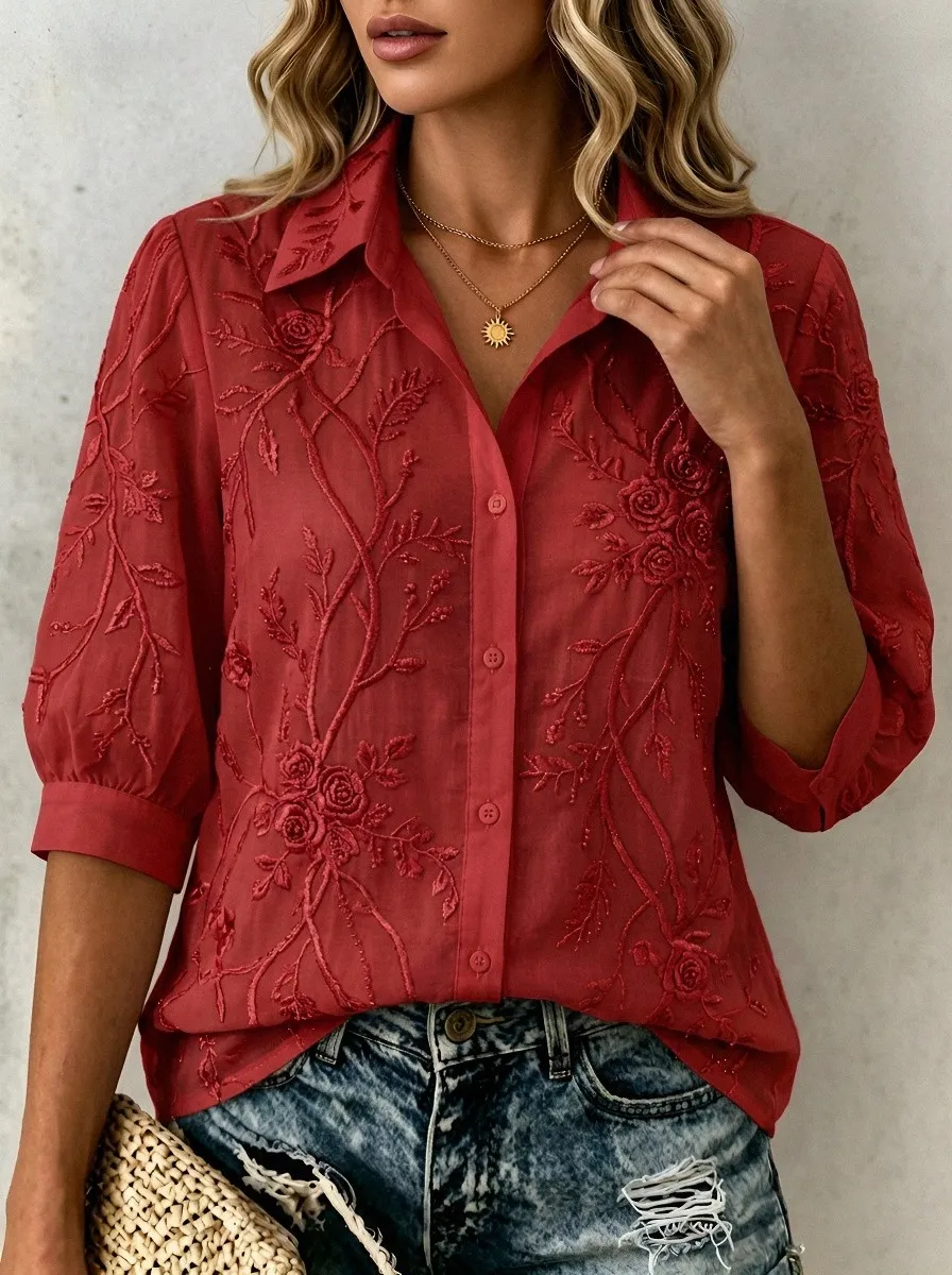 Women's Breast Cancer Awareness Pink Floral Embroidered Button-up Shirt