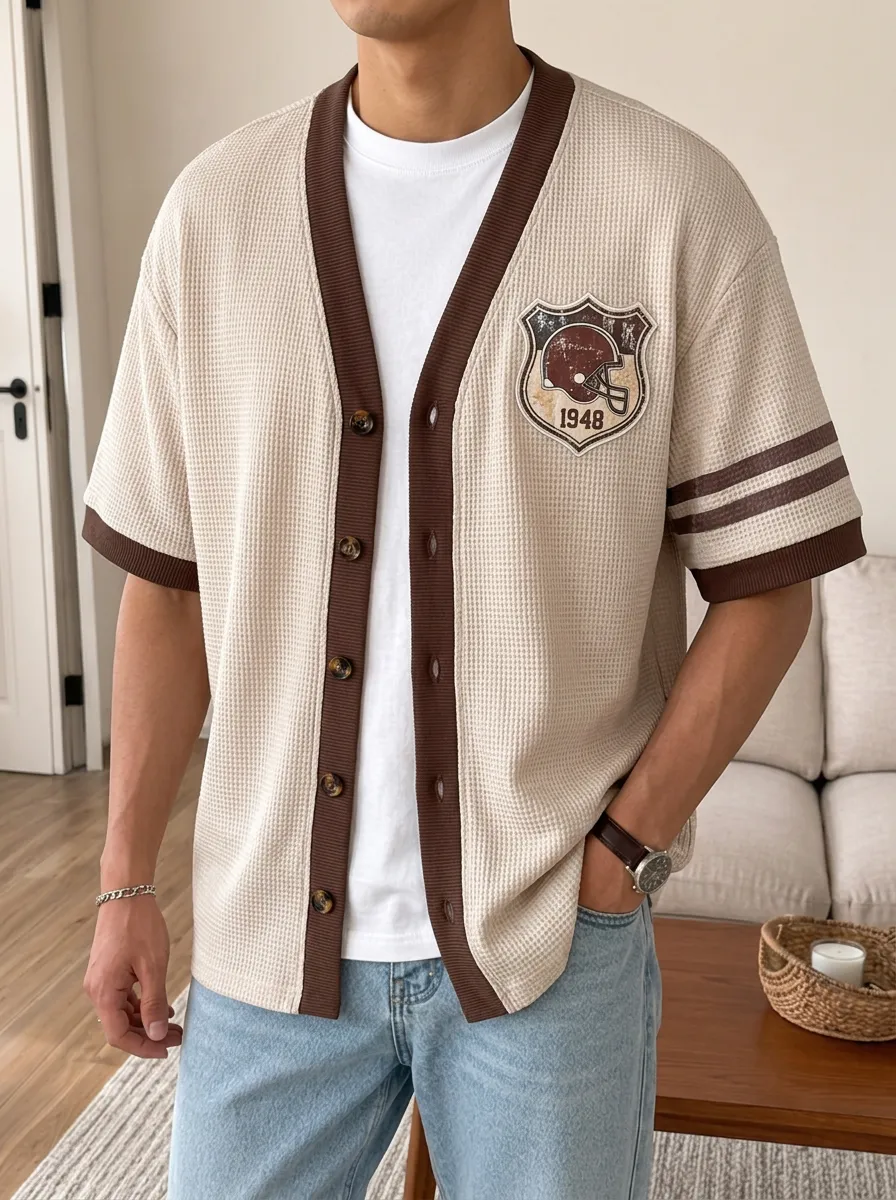 Men's American Football 1948 Helmet Printed Waffle Knit Cardigan