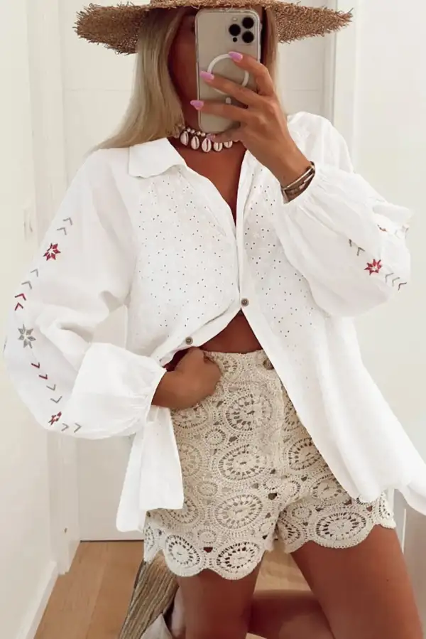 Floral Embroidered Eyelet Shirt Blouse