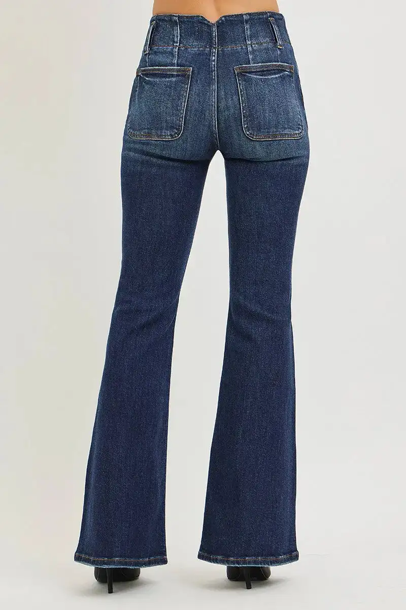 High Rise Flare Retro Style Pocketed Denim Jeans
