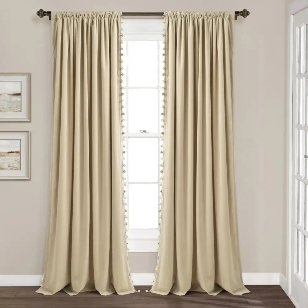 Mid Century Geometric Velvet Light Filtering Rod Pocket Pompom Trim Curtain Panel