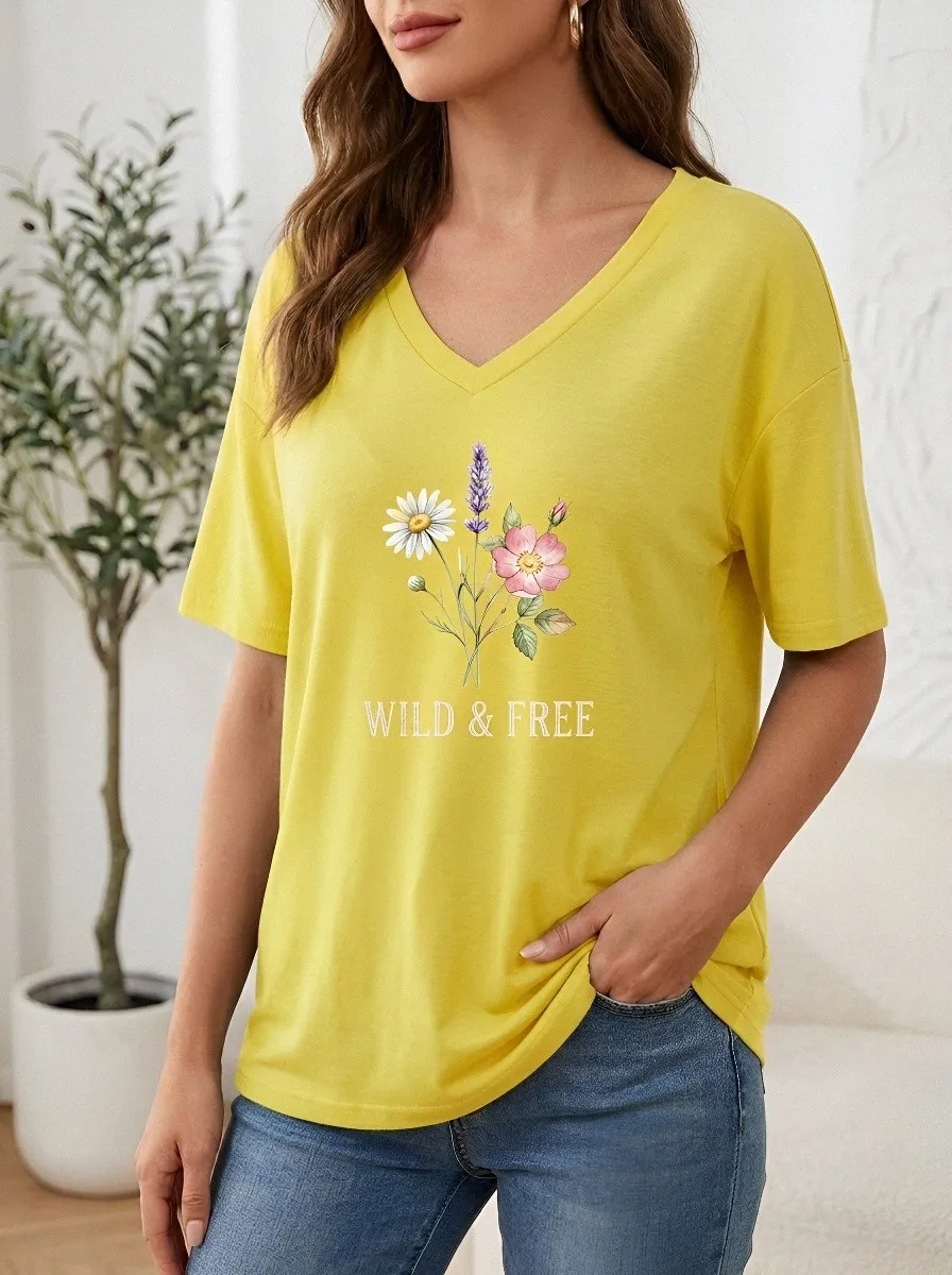 Women's Wild & Free Floral Bouquet Printed V-Neck T-shirt