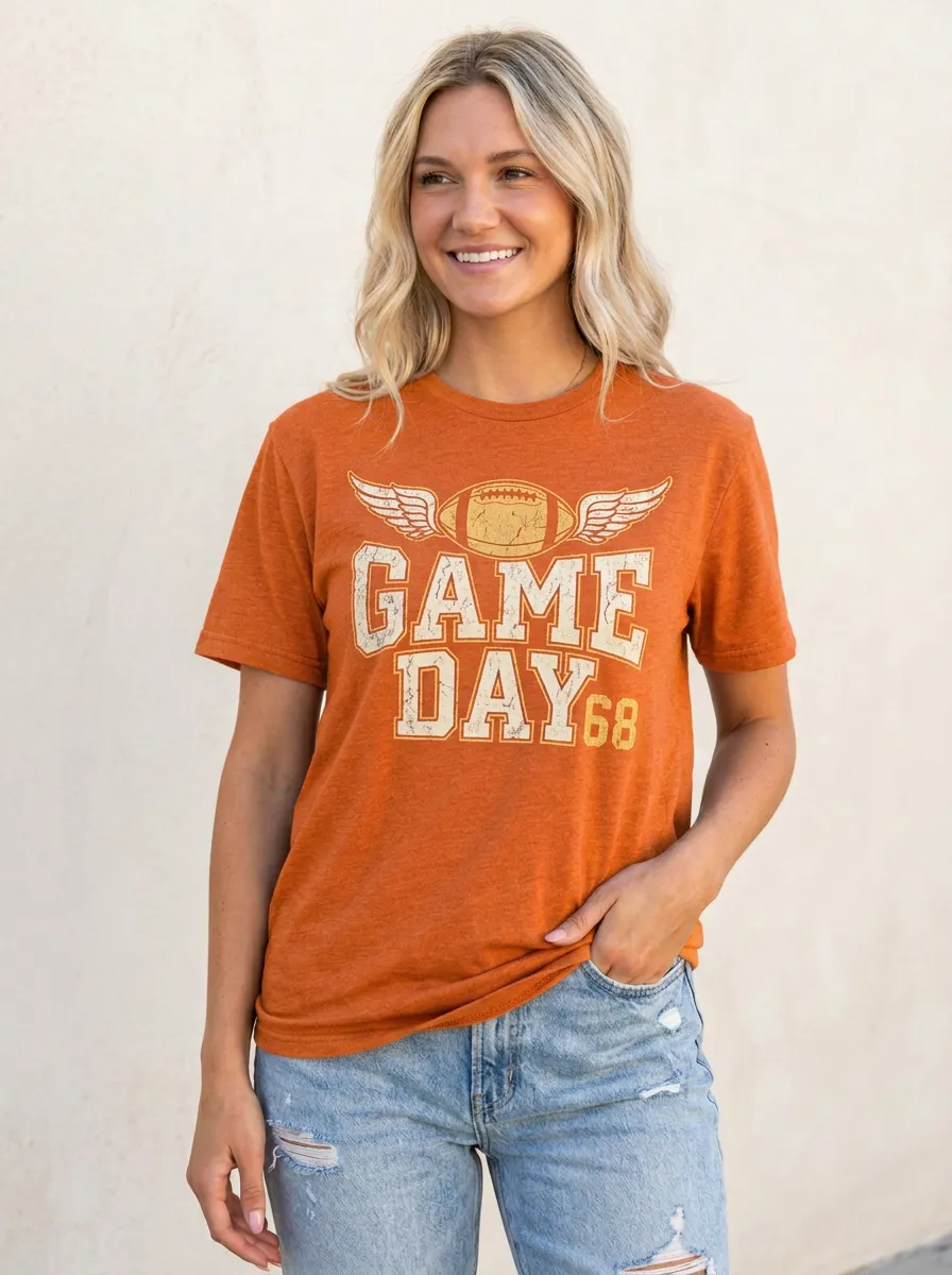 Women's Football Fan Game Day 68 Winged Ball Printed T-shirt