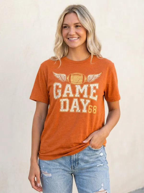 Women's Football Fan Game Day 68 Winged Ball Printed T-shirt