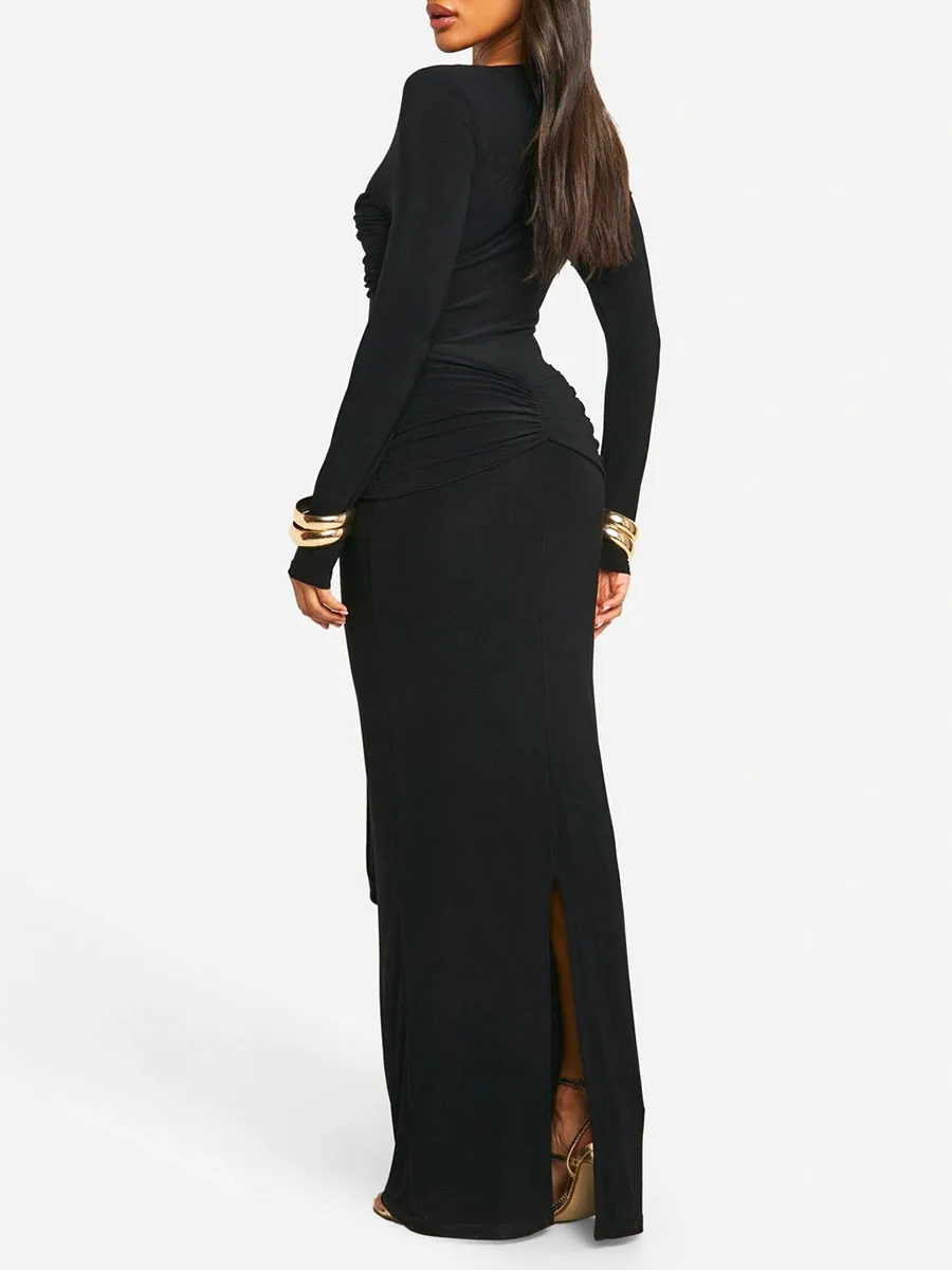 Women's Black Knot-Tie Long-Sleeve Maxi Dress