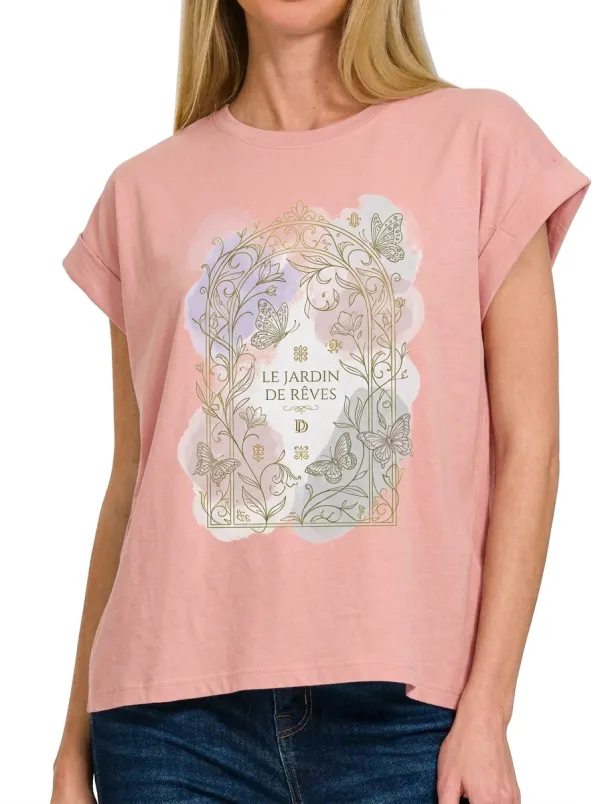 Women's Garden Butterfly Le Jardin De Rêves Printed T-shirt