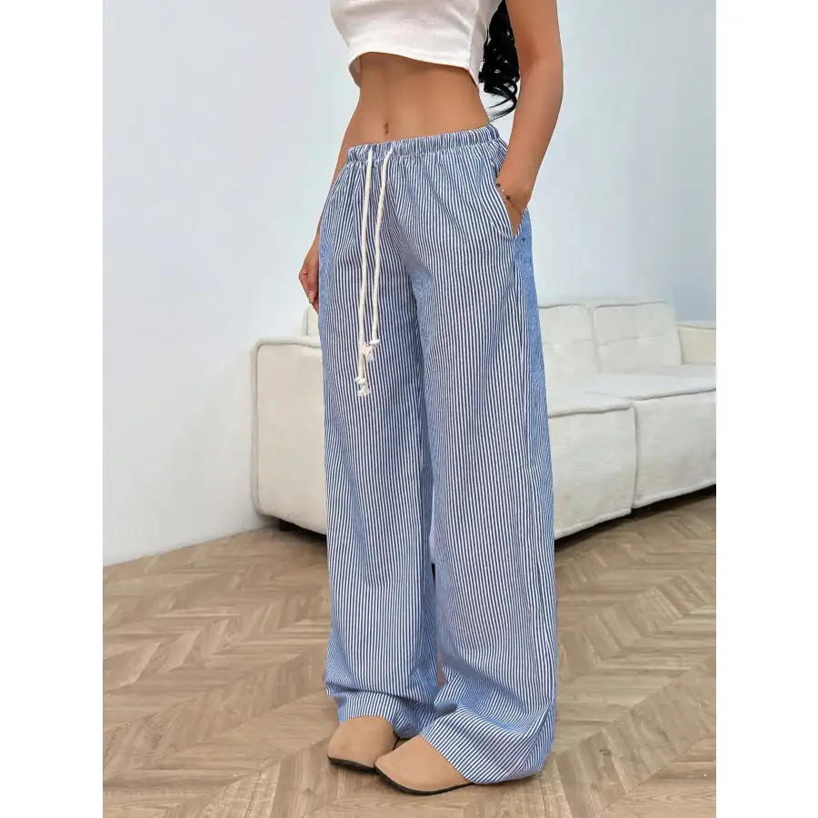 Drawstring Striped Wide Leg Pants