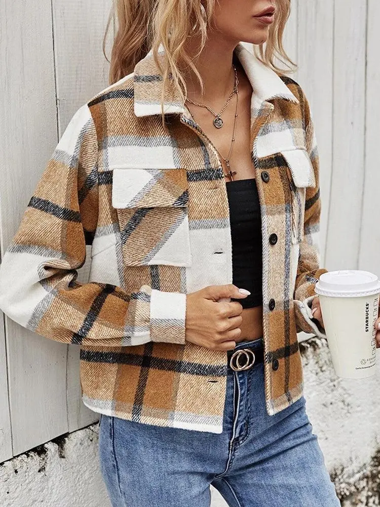 Relaxed Collared Plaid Pocketed Jacket