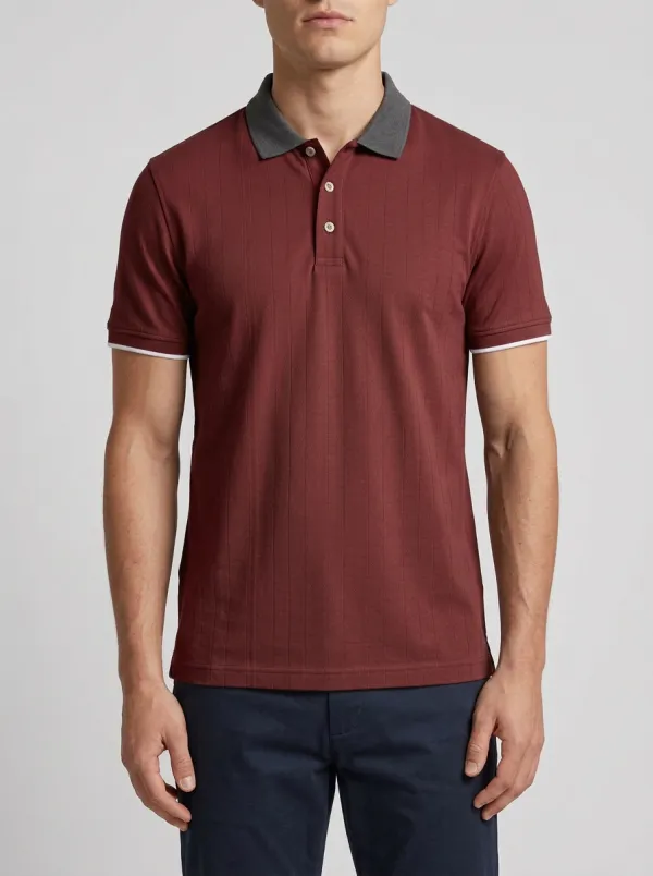Men's Knit Textured Vertical-Stripe Contrast-Collar Polo Shirt