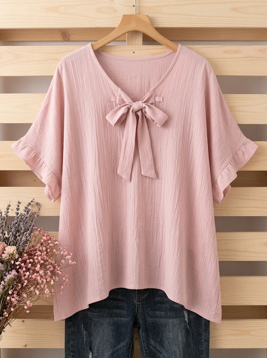 Women's V-neck Bow-detail High-low Hem Blouse