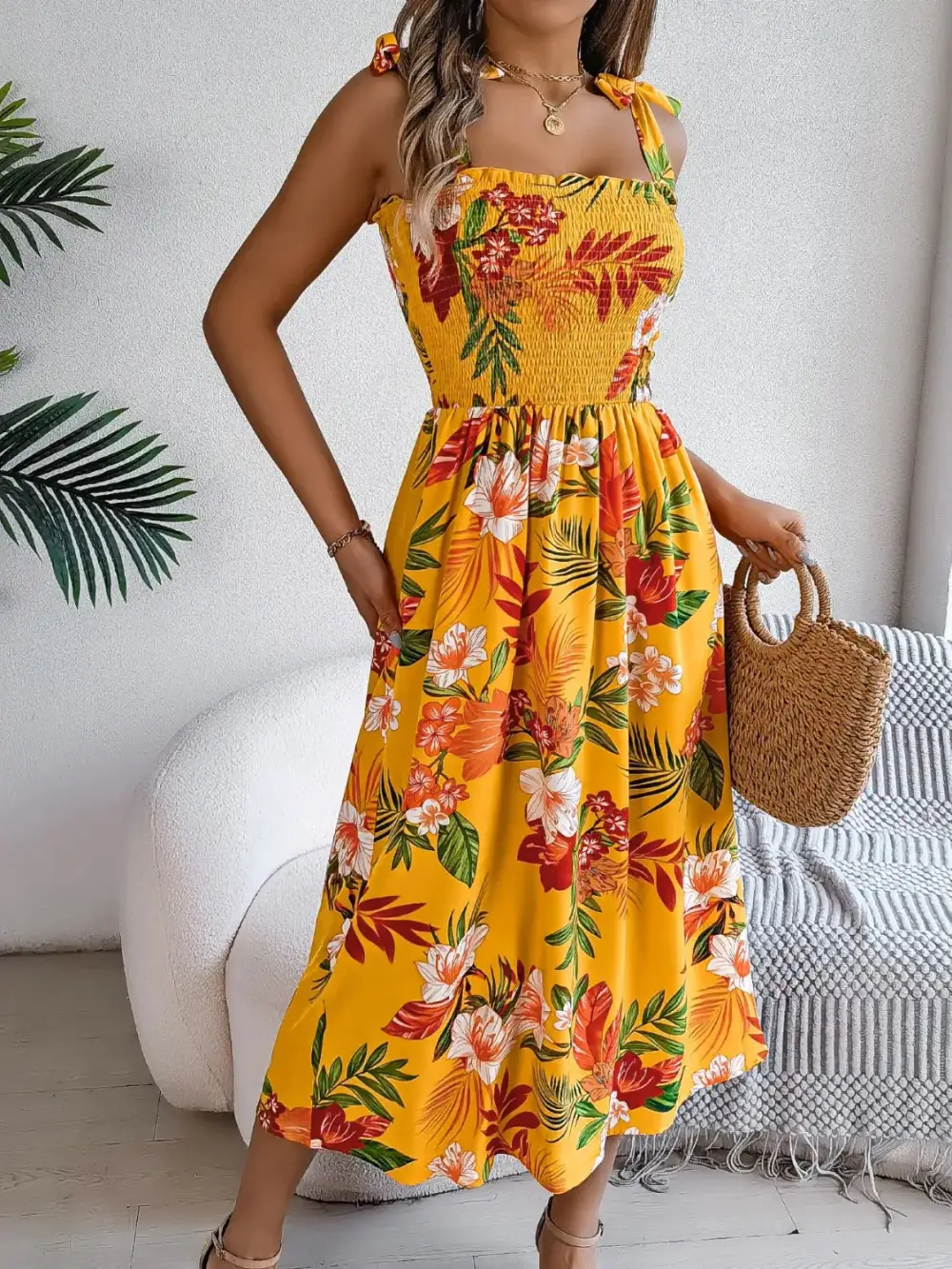 Smocked Floral Midi Dress