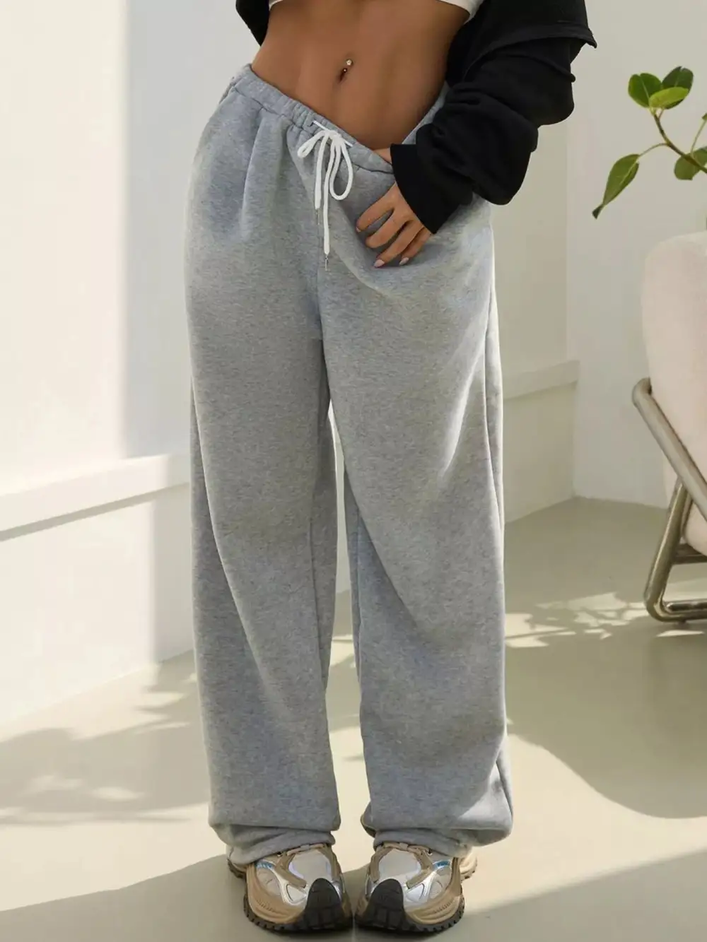 High Waist Drawstring Wide Leg Pocketed Casual Joggers