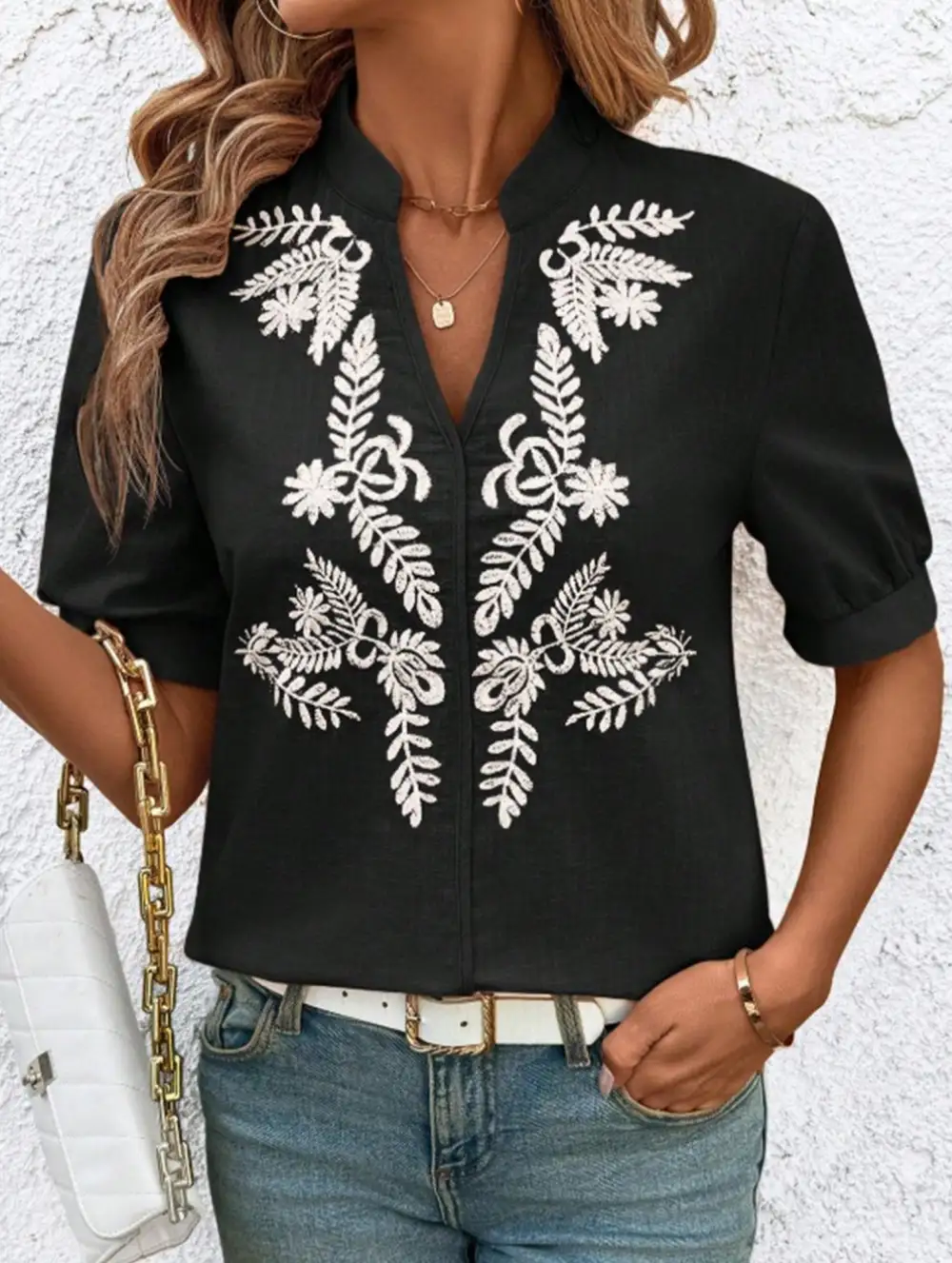 V Neck Embroidered Cotton Short Sleeve Blouse