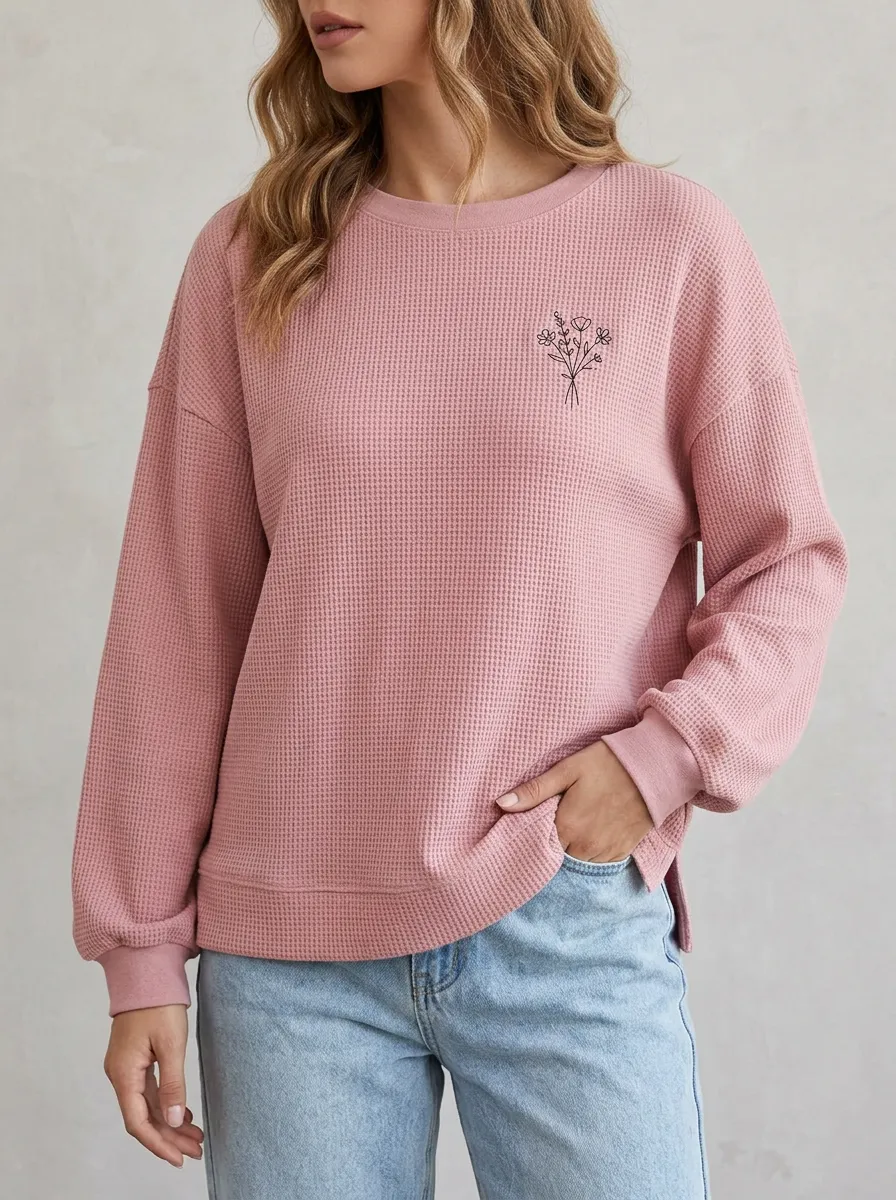 Women's Floral Lover Minimalist Bouquet Printed Waffle Knit Sweatshirt