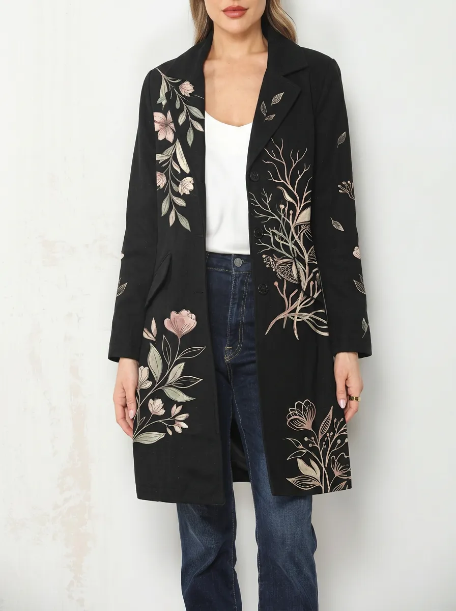 Women's Floral Nature Lover Botanical Printed Long Coat