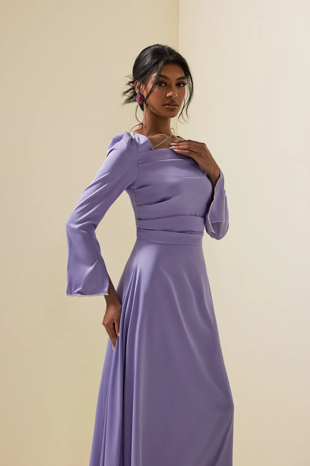 Solid Satin Rhinestone Maxi Dress