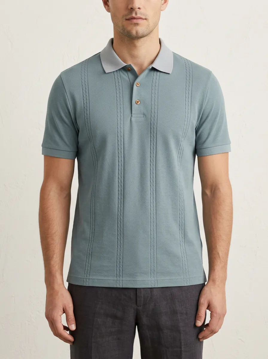 Men's Cable-Knit Ribbed Textured Running Polo Shirt