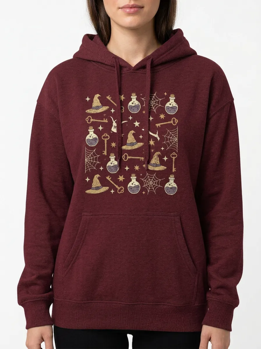 Women's Halloween Witch Hat Potion Key Printed Hoodie