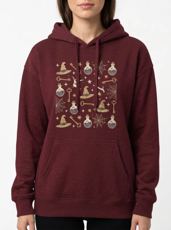 Women's Halloween Witch Hat Potion Key Printed Hoodie