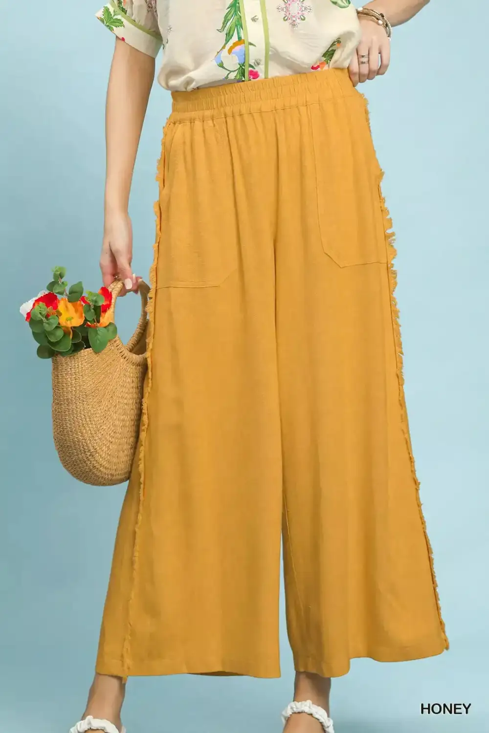 Linen Frayed Side Pocket Wide Leg Pants