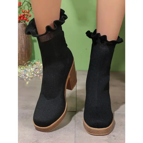 Ruffled Trim Chunky Heel Boots