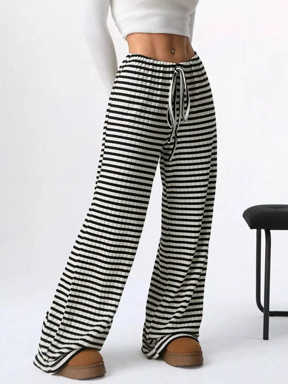 Striped Ribbed Knit Drawstring Waist Wide Leg Pants