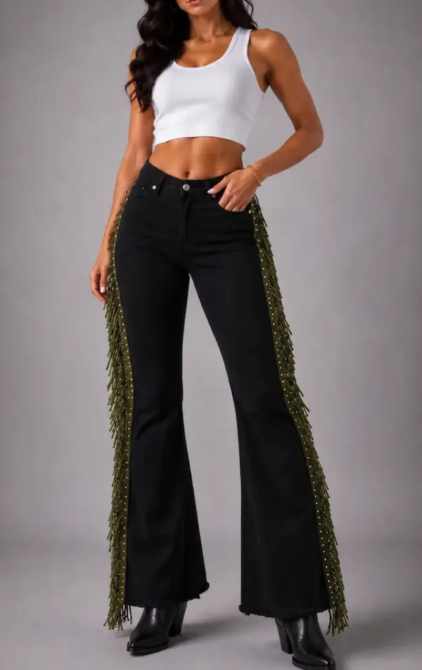 Fringe Detail Bell Bottom Mid Rise Vintage Style Cropped Denim Jeans
