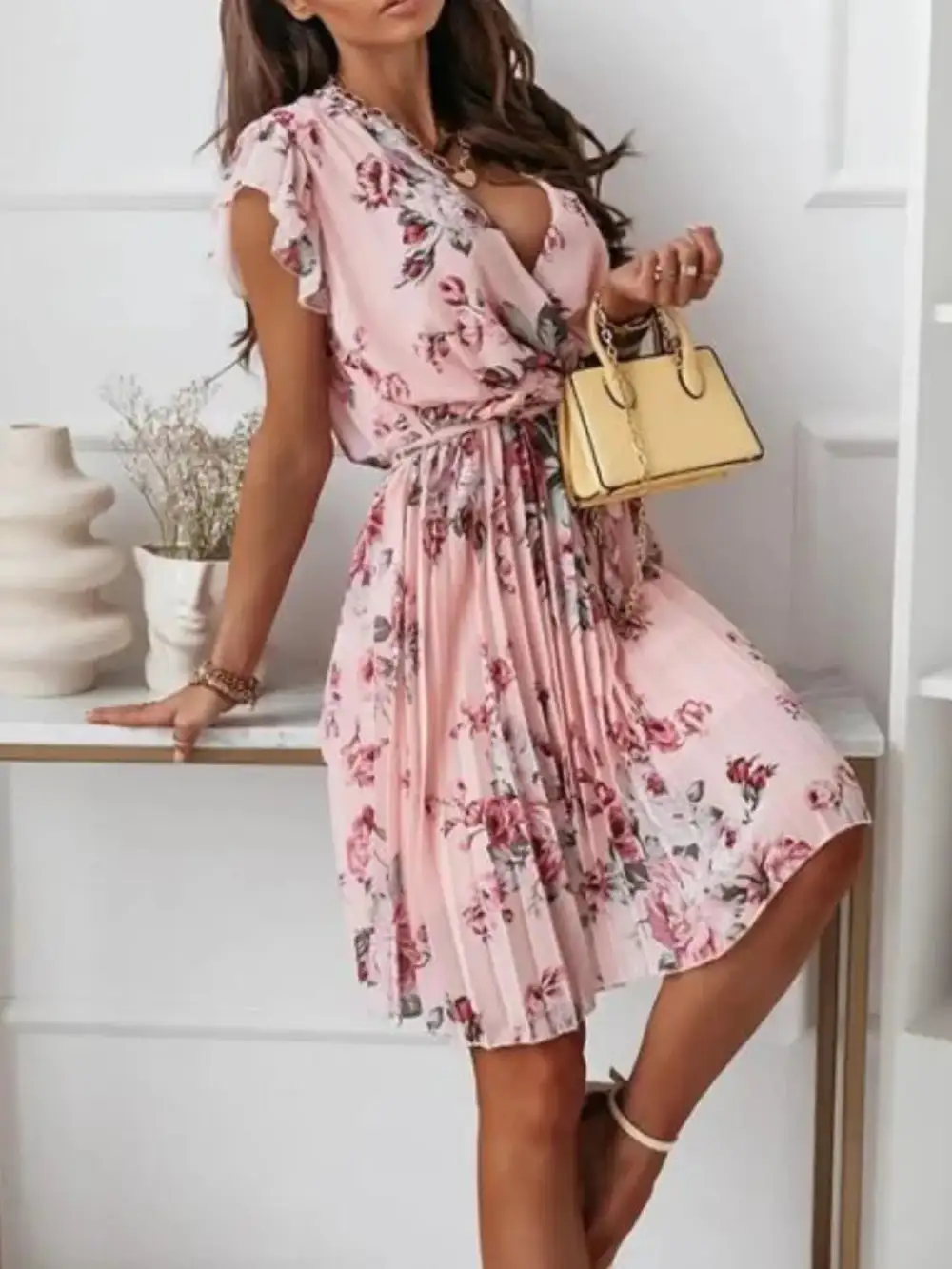 Floral Surplice Ruffled Cap Sleeve Dress