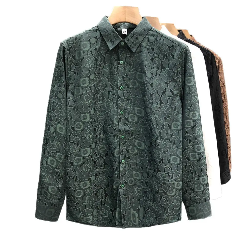 Men's Long-Sleeve Jacquard Shirt With Fine Floral Relief And Classic Collar