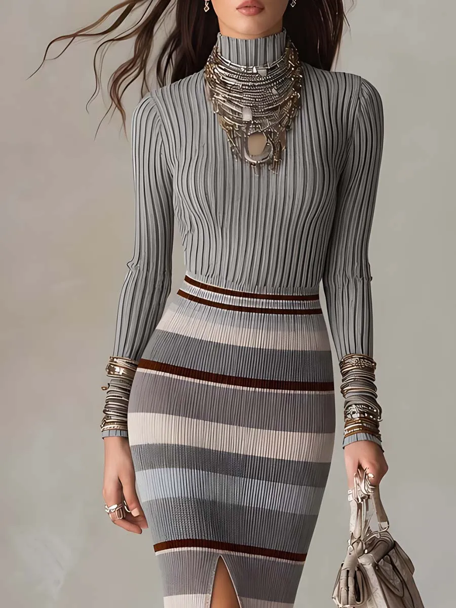 Retro High-neck Striped Knit Midi Dress