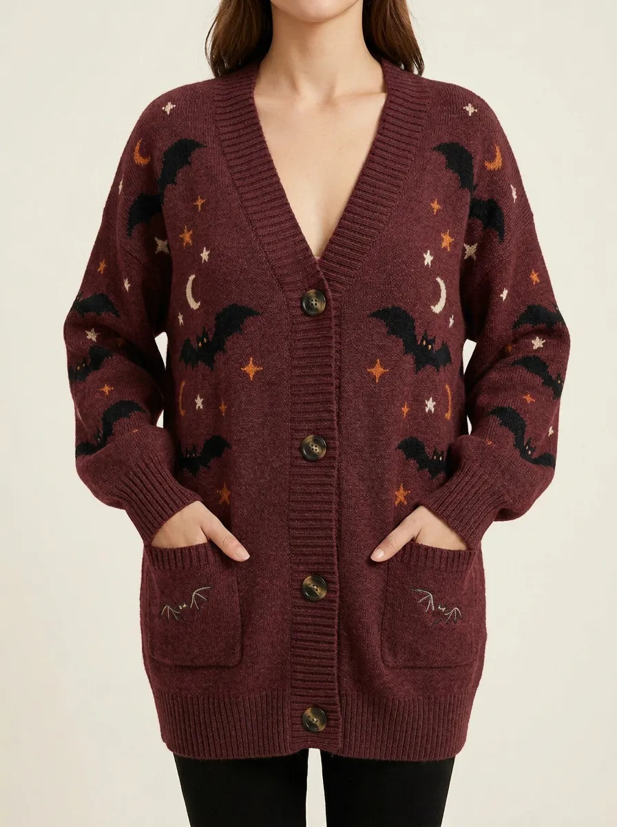 Women's Halloween Gothic Bat Moon Star Patterned Knitted Cardigan