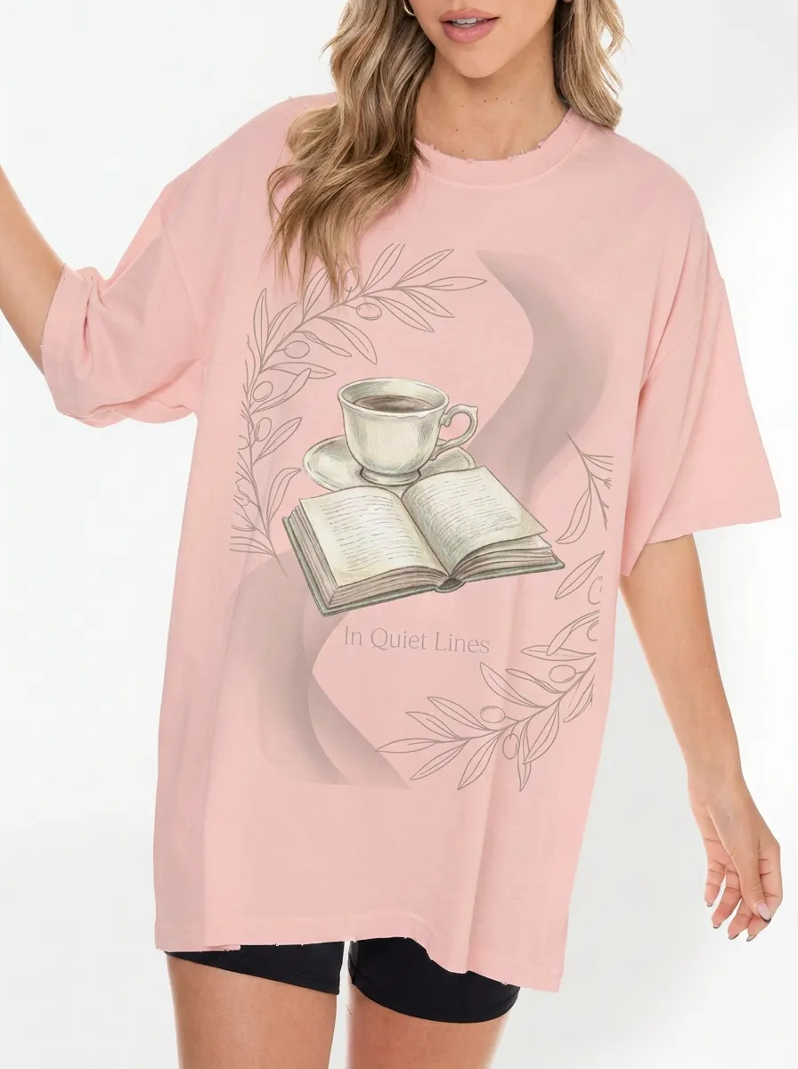 Women's Book Lover Coffee Cup Olive Branch Printed T-shirt