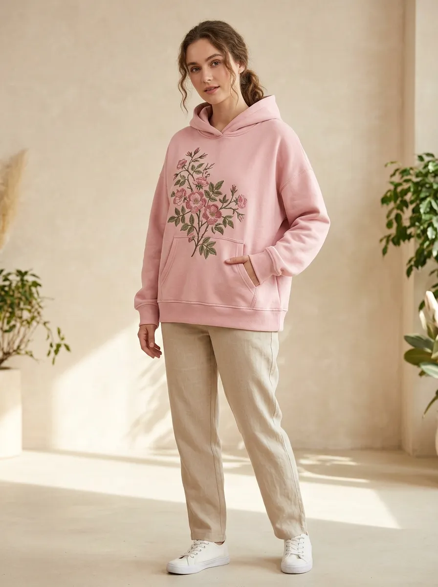Women's Floral Lover Pink Rose Botanical Printed Hoodie