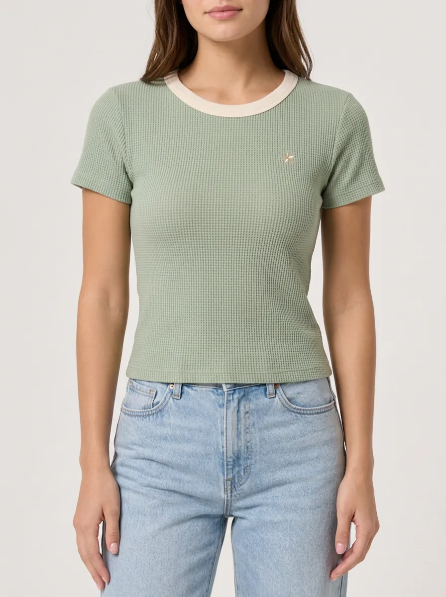 Women's Sage Green Star Embroidered Waffle Knit T-shirt