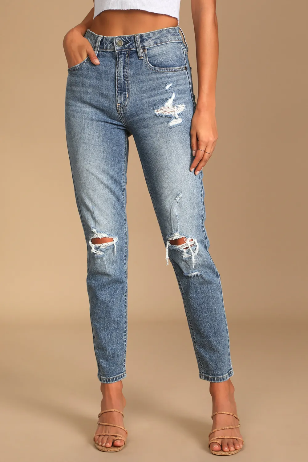 Daily Medium Wash High-Rise Distressed Denim Mom Jeans