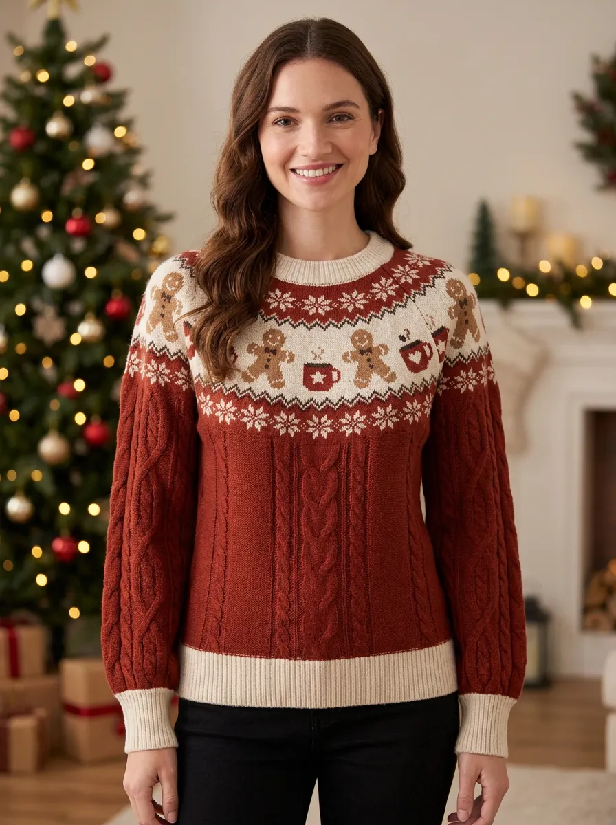 Christmas Holiday Gingerbread Man Cocoa Print Sweater