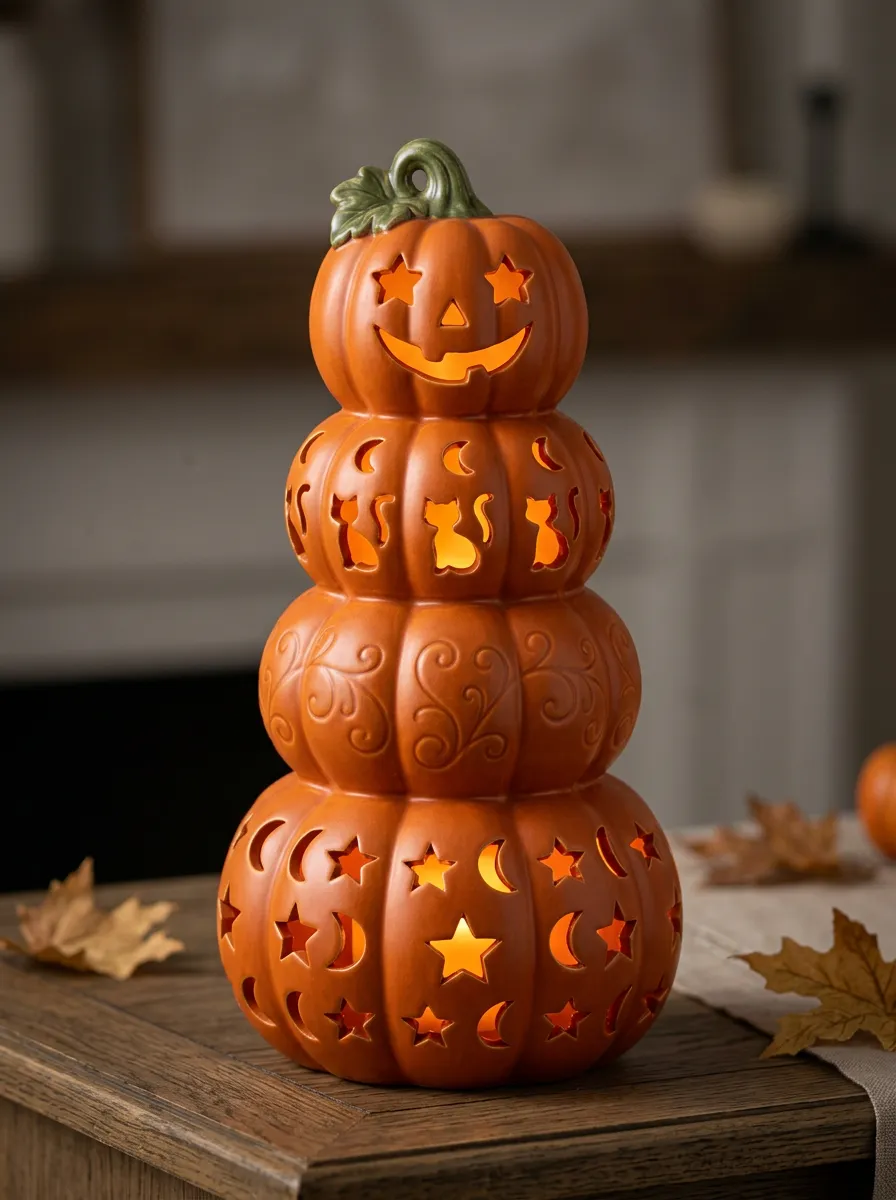 Stacked-Pumpkin Cat-Accent Halloween Pumpkin Light