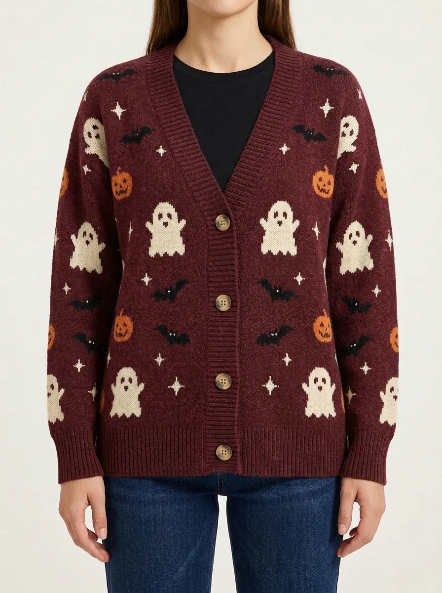 Women's Halloween Ghost Pumpkin Bat Pattern Knitted Cardigan