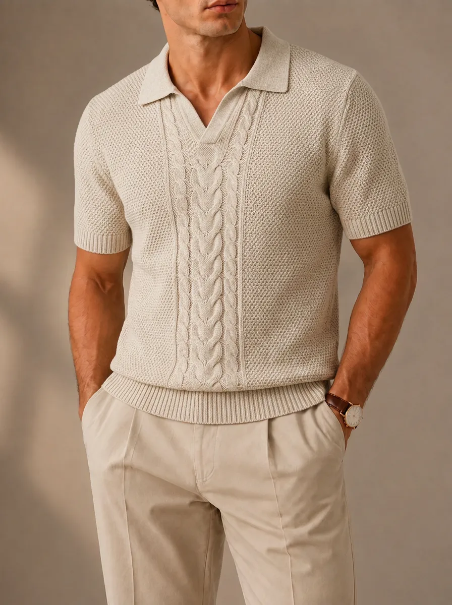 Men's Cable-Knit Polo Shirt with Ribbed Trim