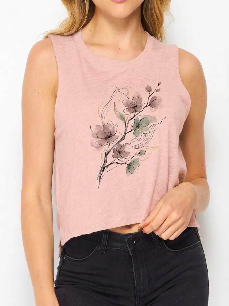 Women's Floral Nature Lover Cherry Blossom Printed Crop Tank Top
