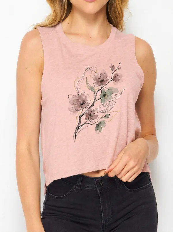 Women's Floral Nature Lover Cherry Blossom Printed Crop Tank Top