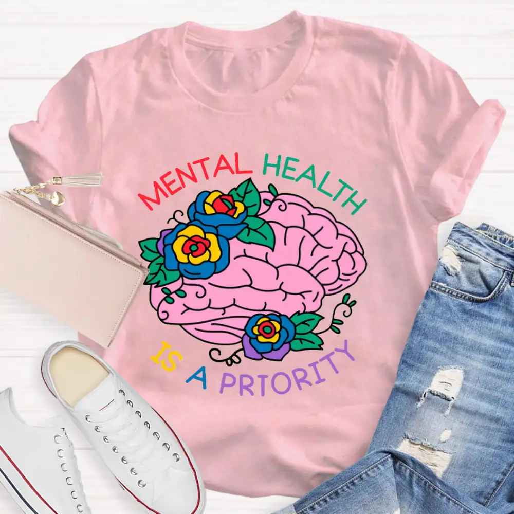 Mental Health Is A Priority Floral Brain T-Shirt