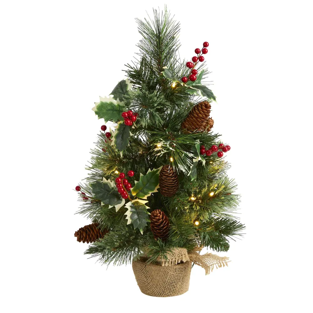 Mixed Pine Artificial Christmas Tree with Holly Berries Pinecones Clear LED Lights and Burlap Base