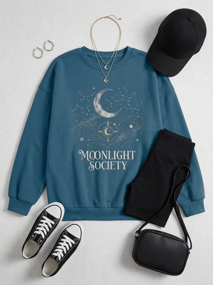 Women's Moonlight Society Celestial Moon Stars Printed T-shirt